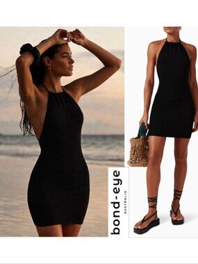 BOND-EYE Imogen DRESS ONE SIZE Cover Up Bodycon Halter Black Crinkle Knit NEW